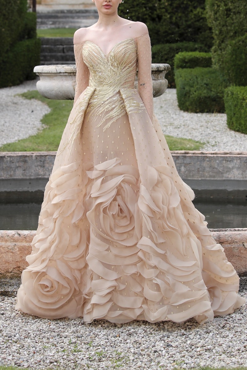 Embroidered golden roses gown