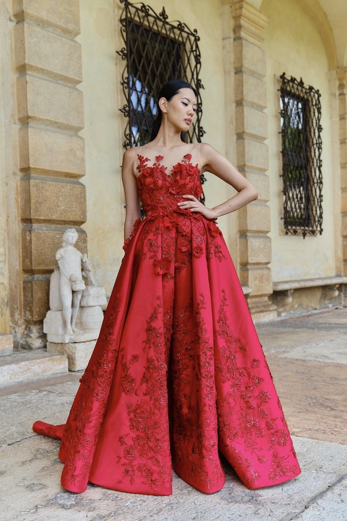 Hand embellished dress with red flowers