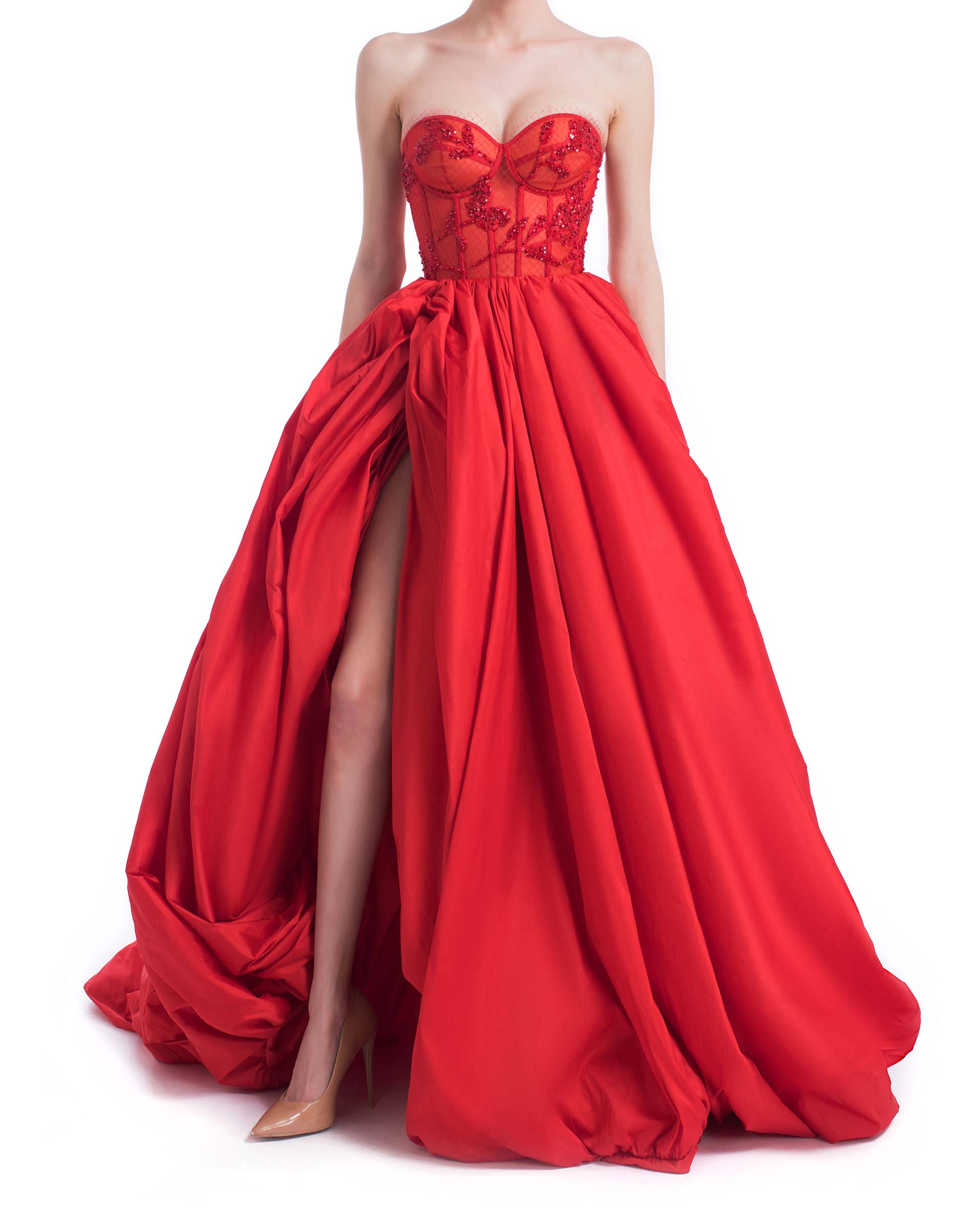 Red taffeta beaded corset gown