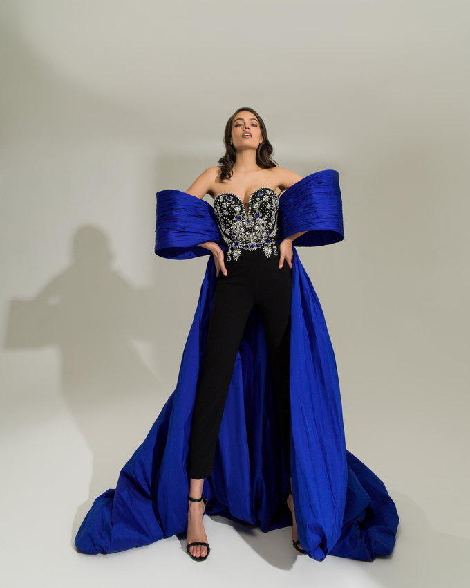 Blue taffeta and embellished with crystals jumpsuit