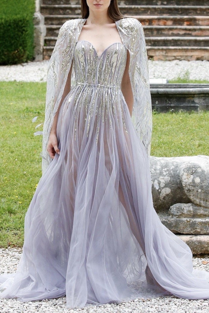 Exquisite embellished maxi dress with cape in feathers