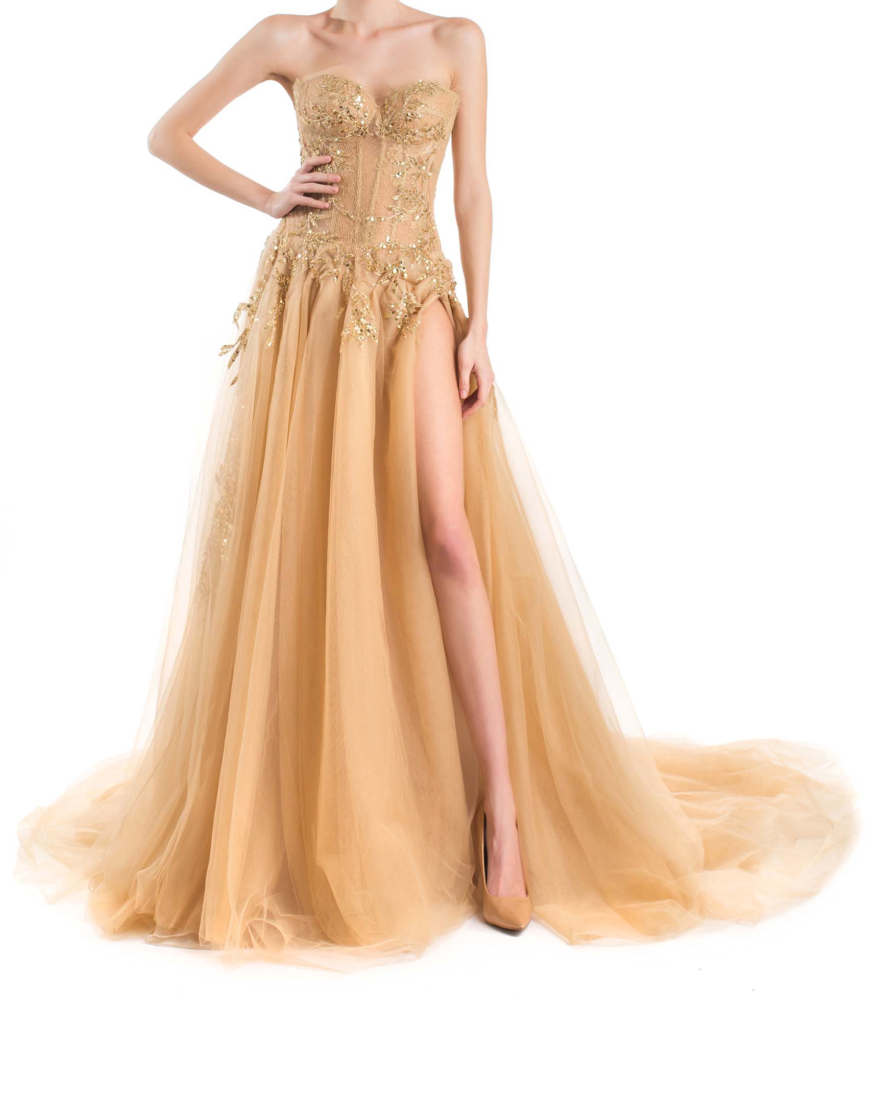 Golden embellished organza maxi dress