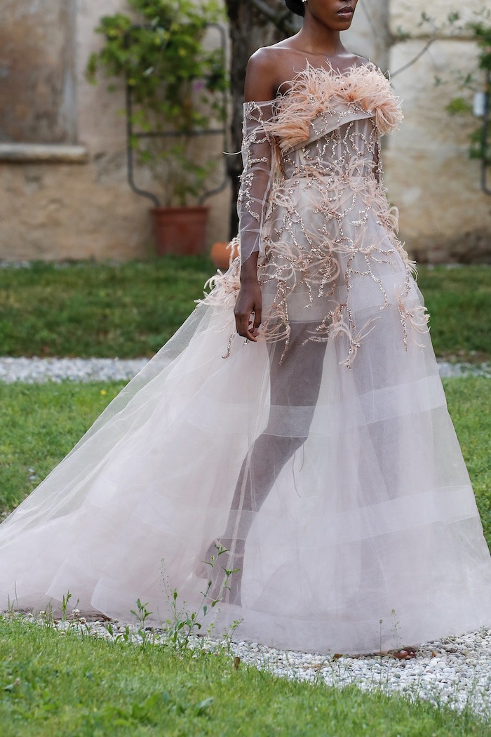 Embellished rose gold sequins and beads gown with feathers