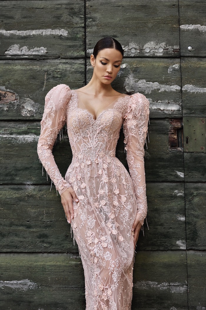 Pink embroidered long sleeves dress