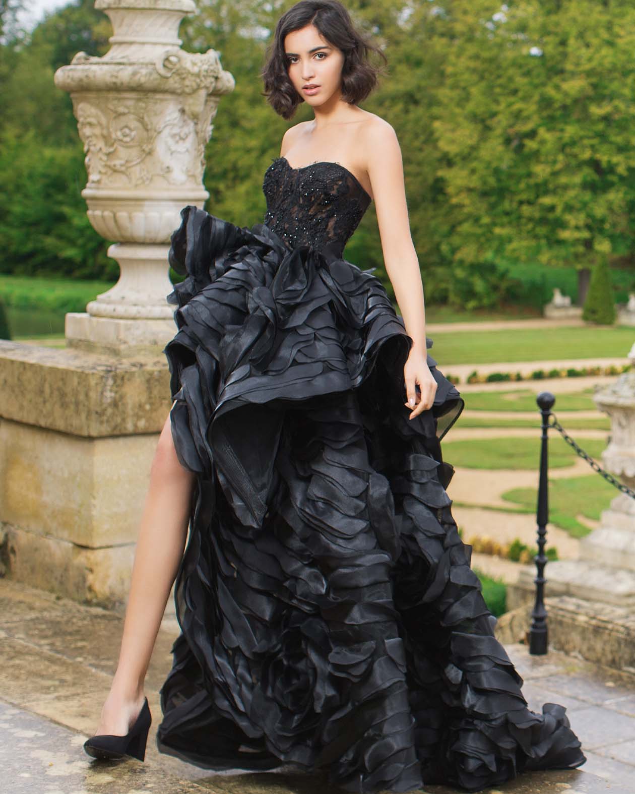 Black roses organza maxi dress