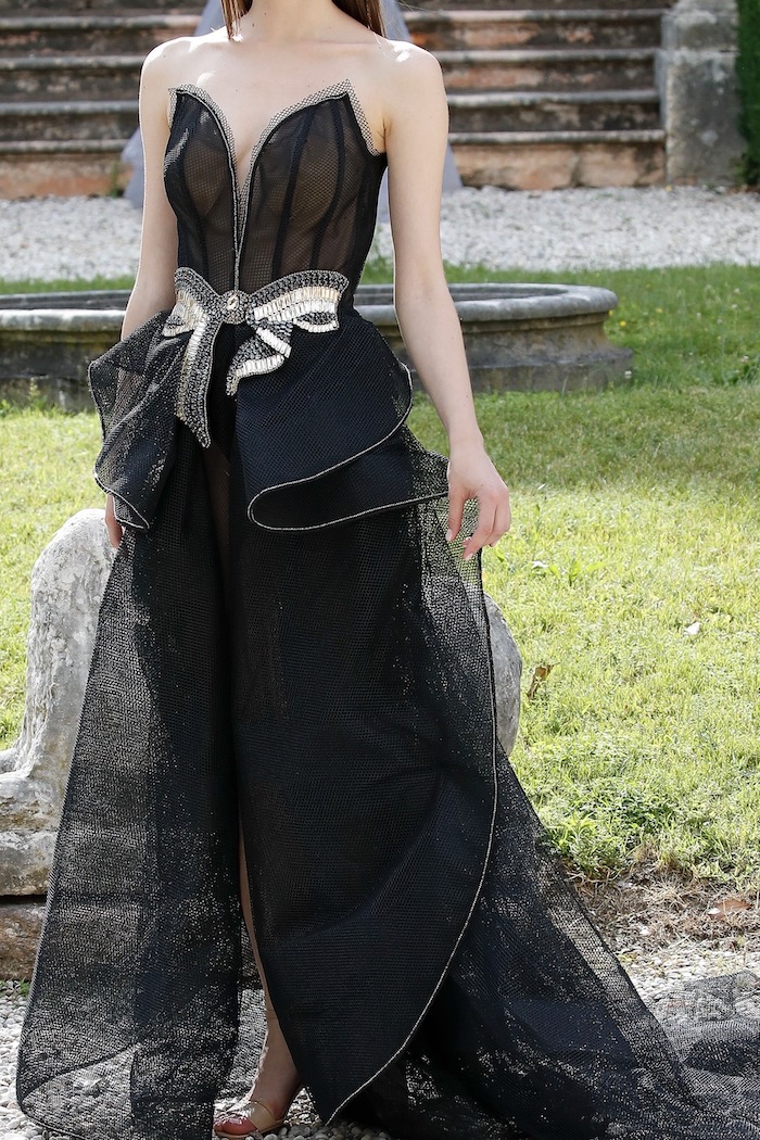 Black maxi dress with hand embellished crystals bow